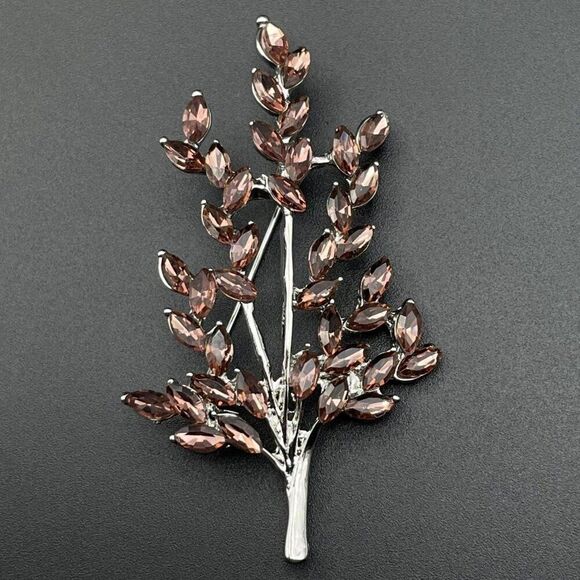 Silver with Pink Morganite Crystal Tree Branch with Leaves Pin Back Brooch - Picture 1 of 9